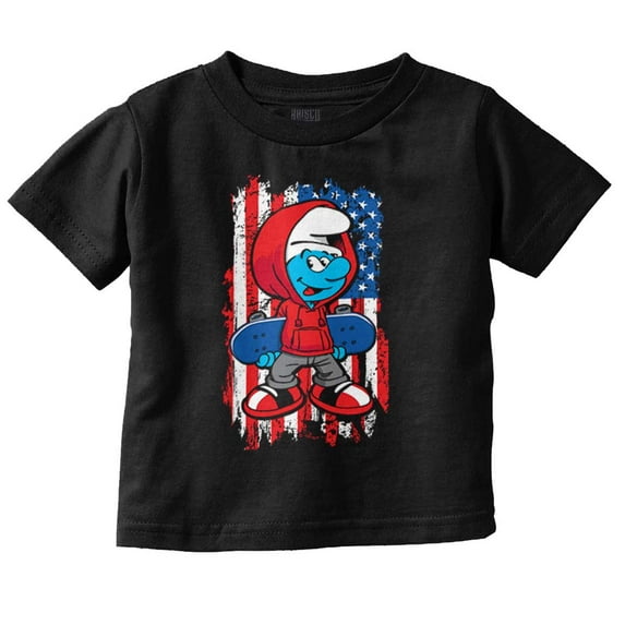 Smurf Skateboarder American Flag Toddler Boy Girl T Shirt Infant Toddler Brisco Brands 6M
