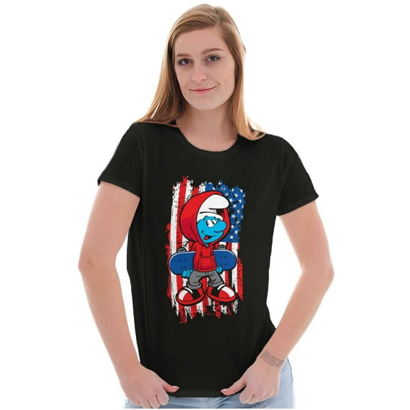 Smurf Skateboarder American Flag Women's T Shirt Ladies Tee Brisco Brands S