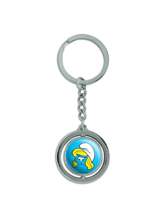 Smurfette Face Keychain Spinning Round Chrome Plated Metal