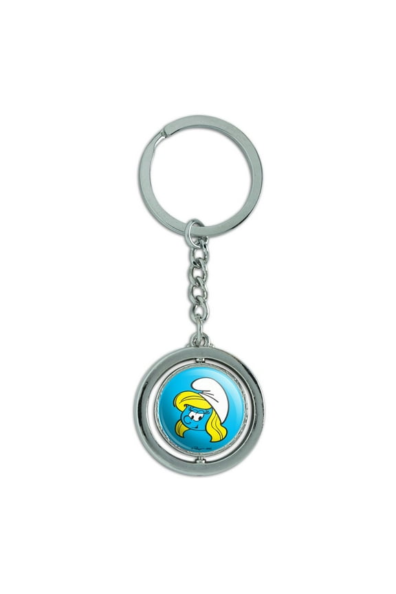 Smurfette Face Keychain Spinning Round Chrome Plated Metal