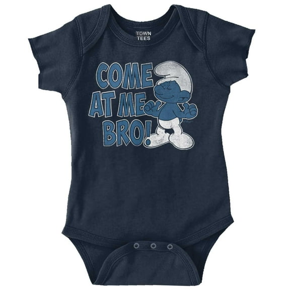 Smurfs Cartoon Come At Me Bro Funny Romper Boys or Girls Infant Baby Brisco Brands 18M