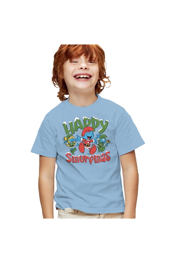 Christmas, Happy Smurfmas Kids T Shirt for Youth Boys and Girls, Light Blue, Large
