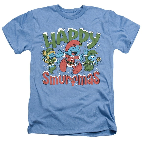 Smurfs Christmas, Happy Smurfmas Unisex Adult Heather T Shirt, Light Blue Heather, 2X-Large