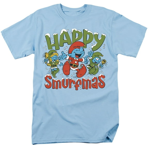 Smurfs Christmas, Happy Smurfmas Unisex Adult T Shirt, Light Blue, X-Large