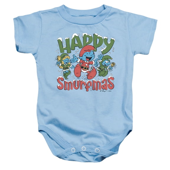 Smurfs Christmas, Happy Smurfmas Unisex Infant Snap Suit for Baby, Light Blue, Small