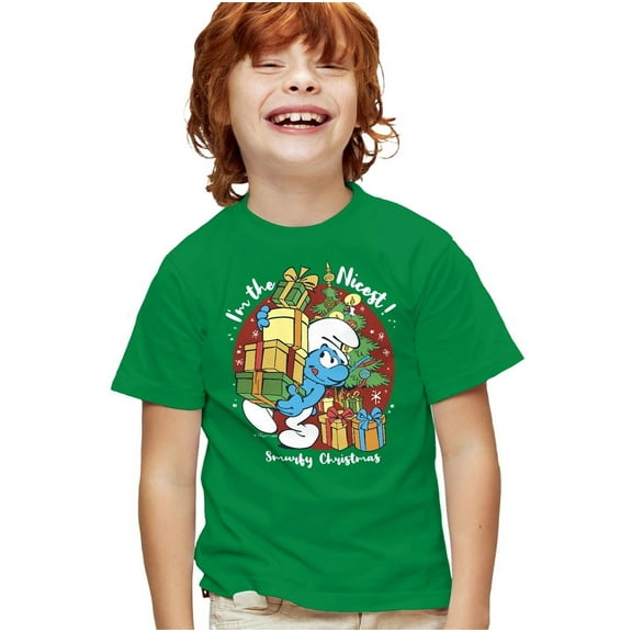 Smurfs Christmas, I'm The Nicest Kids T Shirt for Youth Boys and Girls, Kelly Green, Small