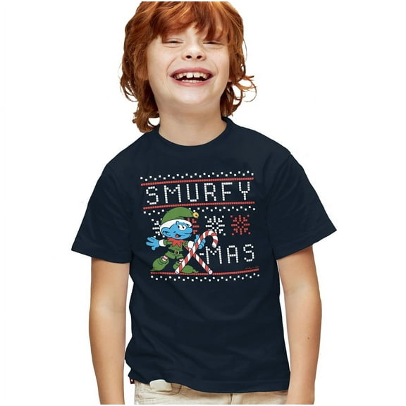 Smurfs Christmas Smurfy Candy Cane X-mas Kids T Shirt for Youth Boys and Girls, Navy, Small