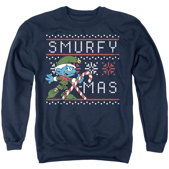 Smurfs Christmas Smurfy Candy Cane X-mas Unisex Adult Crewneck Sweatshirt, Navy, Medium