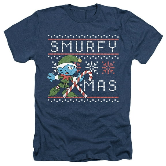 Smurfs Christmas Smurfy Candy Cane X-mas Unisex Adult Heather T Shirt, Navy Heather, Large