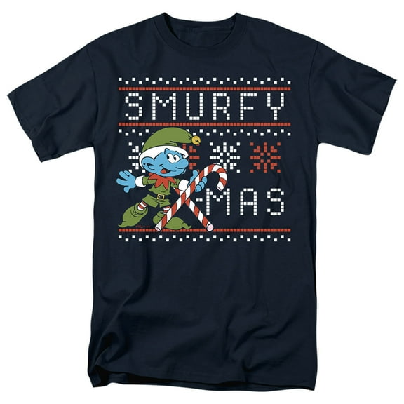 Smurfs Christmas Smurfy Candy Cane X-mas Unisex Adult T Shirt, Navy, Medium