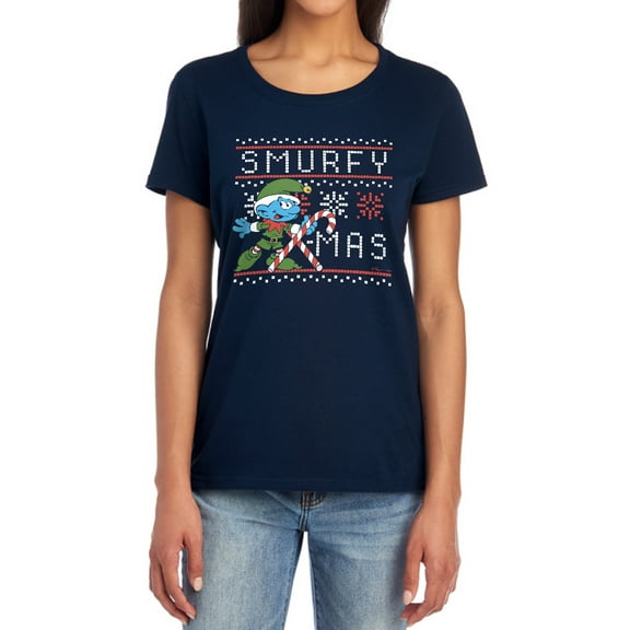 Smurfs Christmas Smurfy Candy Cane X-mas Women's T Shirt, Navy, 2X-Large