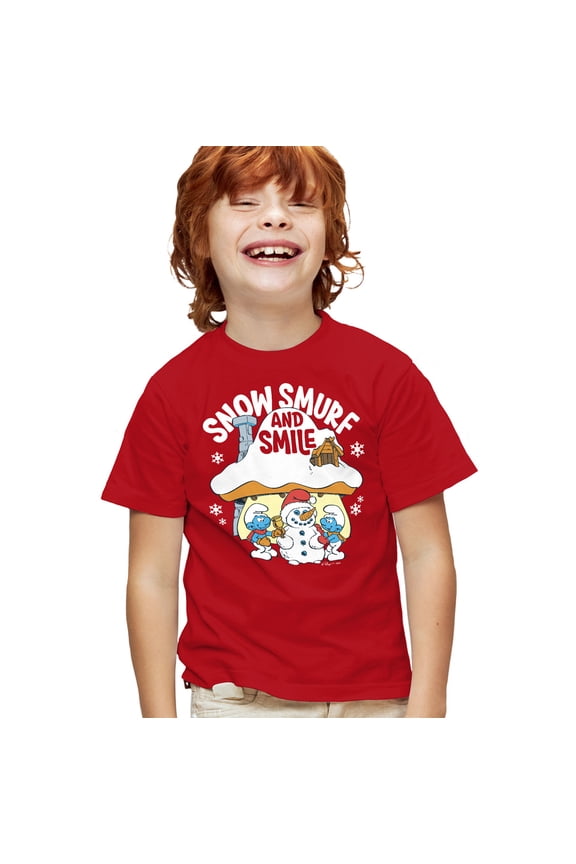 Christmas Snow, Smurf And Smile Kids T Shirt for Youth Boys and Girls, Red, Large