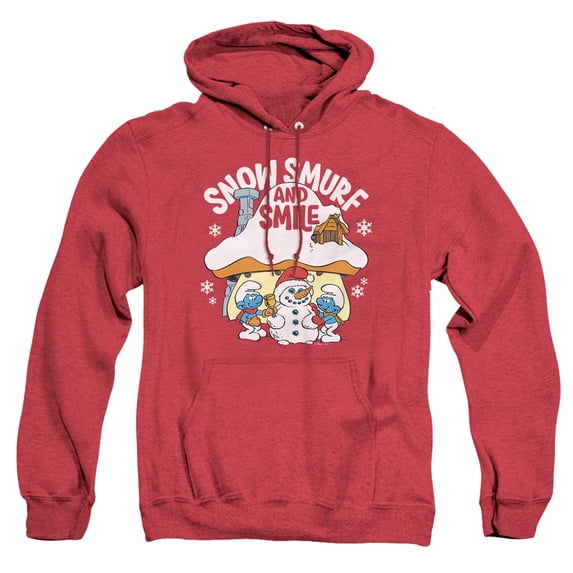 Smurfs Christmas Snow, Smurf And Smile Unisex Adult Pull-Over Heather Hoodie, Red Heather, Medium