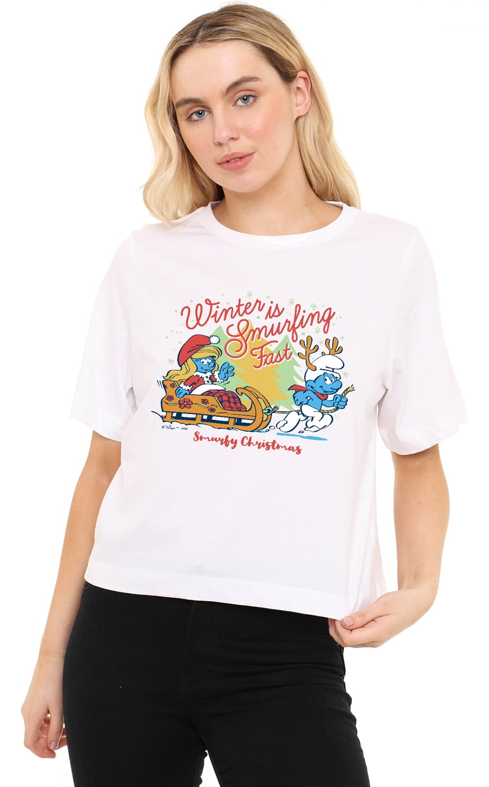 Smurfs Christmas Winter Is Smurfing Fast Smurfette Women s Boxy Cropped smurfs-christmas-winter-is-smurfing-fast-smurfette-women-s-boxy-cropped