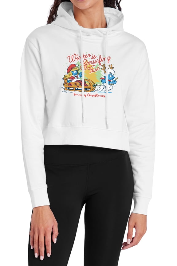 Christmas Winter Is Smurfing Fast Smurfette Women's Cropped Hoodie Pullover Sweatshirt, White, X-Small