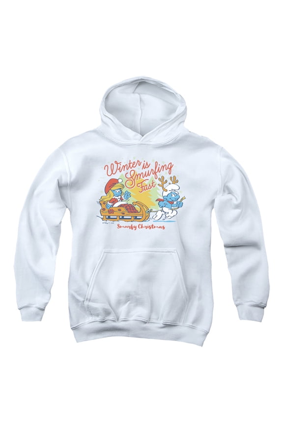 Christmas Winter Is Smurfing Fast Smurfette Youth Kids Boy/Girls Pull-Over Hoodie, White, Large