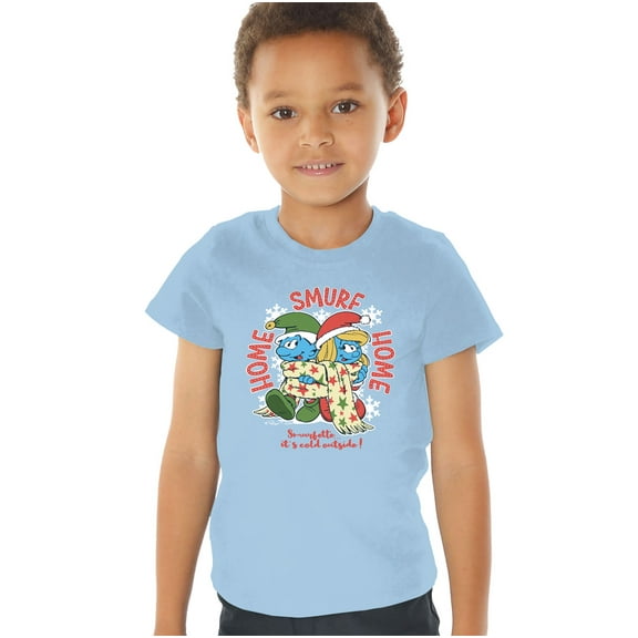 Smurfs Home Smurf Home, Christmas With Smurfette Kids T Shirt (4) for Toddler Boys and Girls, Light Blue