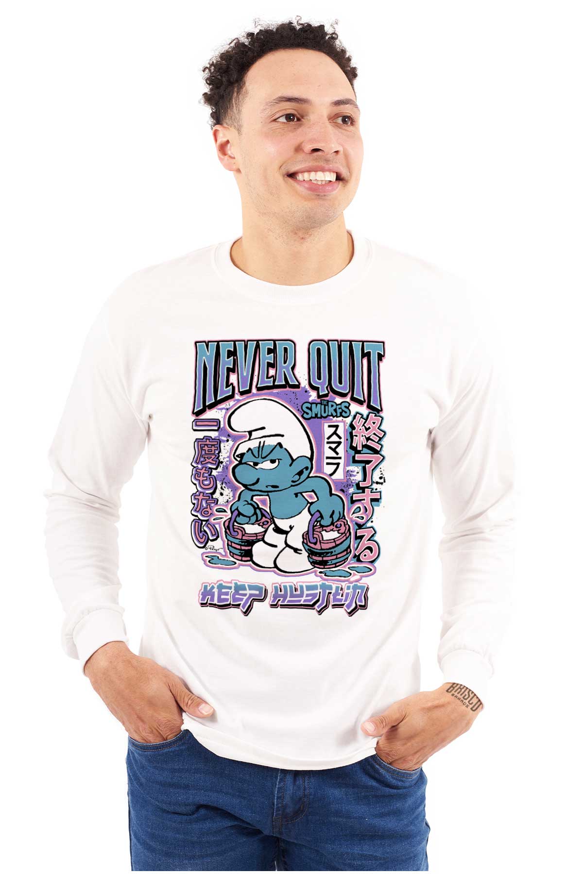 Keep Rustlin Smurfs Kanji Never Quit Keep Hustlin Unisex Plus Size Long Sleeve Shirt ...
