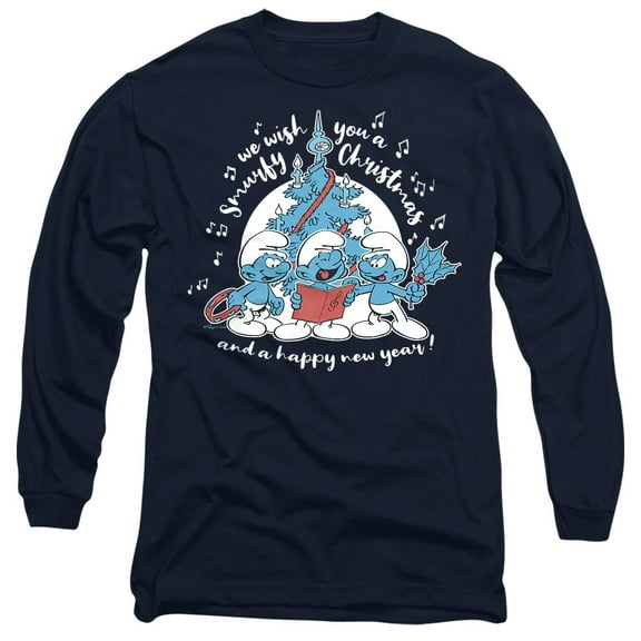 Smurfs Smurfy Christmas Carols Unisex Adult Long-Sleeve T Shirt, Navy, Medium