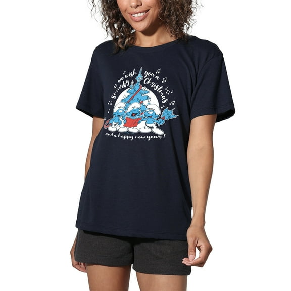 Smurfs Smurfy Christmas Carols Women's Loose T-Shirt, Navy, Large