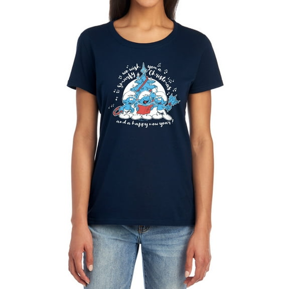 Smurfs Smurfy Christmas Carols Women's T Shirt, Navy, Medium