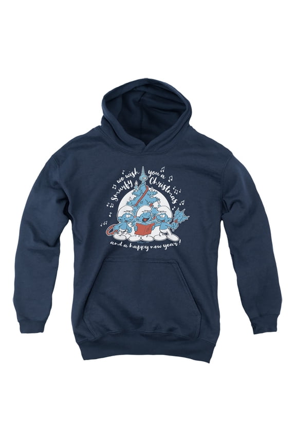 Smurfy Christmas Carols Youth Kids Boy/Girls Pull-Over Hoodie, Navy, Large