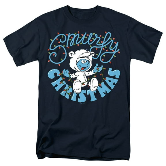 Smurfs Smurfy Christmas With Baby Smurf Unisex Adult T Shirt, Navy, Small