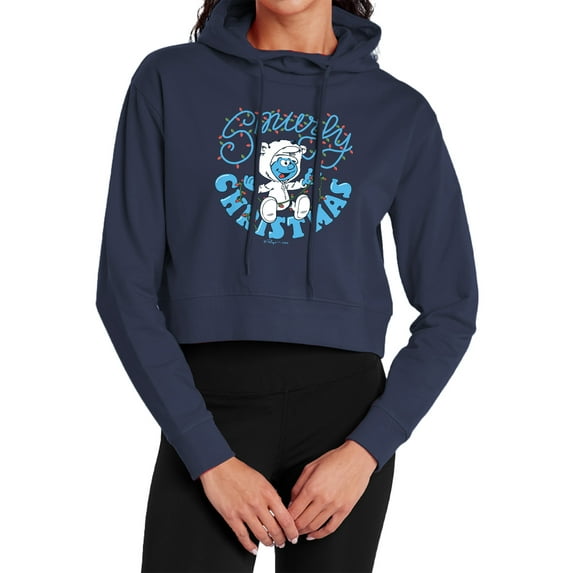Smurfs Smurfy Christmas With Baby Smurf Women's Cropped Hoodie Pullover Sweatshirt, Navy, 2X-Large
