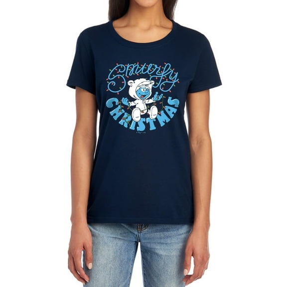 Smurfs Smurfy Christmas With Baby Smurf Women's T Shirt, Navy, X-Large