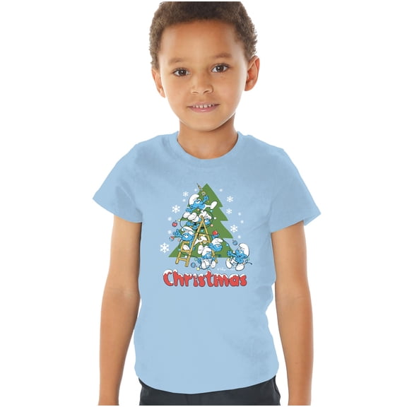 Smurfs Trim The Christmas Tree Kids T Shirt (3) for Toddler Boys and Girls, Light Blue
