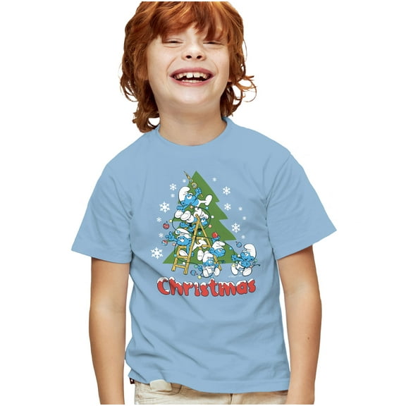 Smurfs Trim The Christmas Tree Kids T Shirt for Youth Boys and Girls, Light Blue, Medium