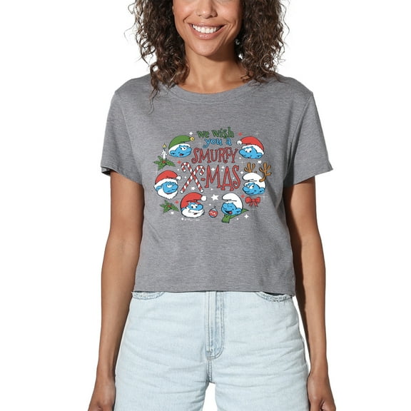 Smurfs We Wish You A Smurfy Christmas Women's Crop Top T-Shirt, Athletic Heather, X-Large