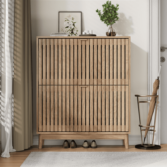 Smuxee 16-20 Pairs Shoe Storage Cabinet with Flip - Down Drawers, Wooden Freestanding Shoe Organizer for Entryway,31.5"W Oak