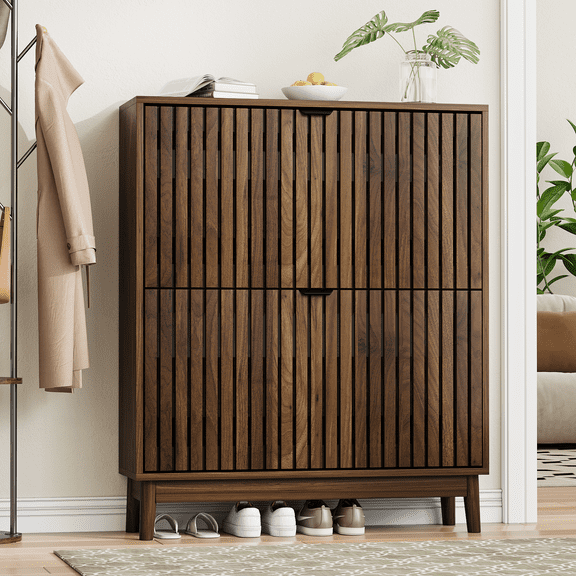 Smuxee 16-20 Pairs Shoe Storage Cabinet with Flip - Down Drawers, Wooden Freestanding Shoe Organizer for Entryway,31.5"W Walnut