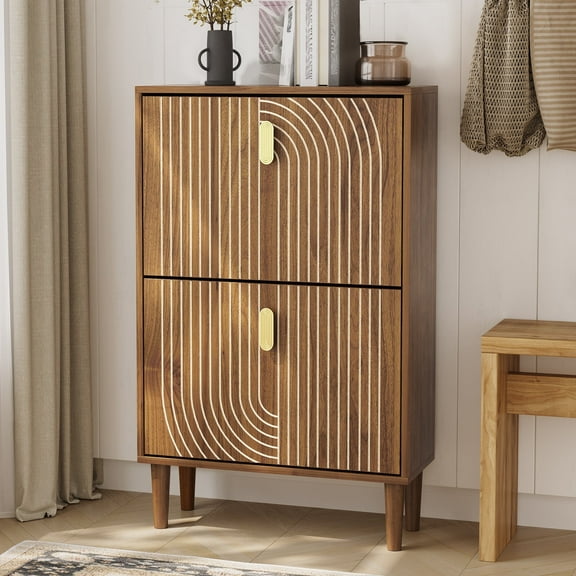 Smuxee 16-24 Pairs Shoe Storage Cabinet with Flip Drawers, Walnut Modern Slim Enteyway Shoe Cabinet Organizer for Slippers Sneakers and High Heels