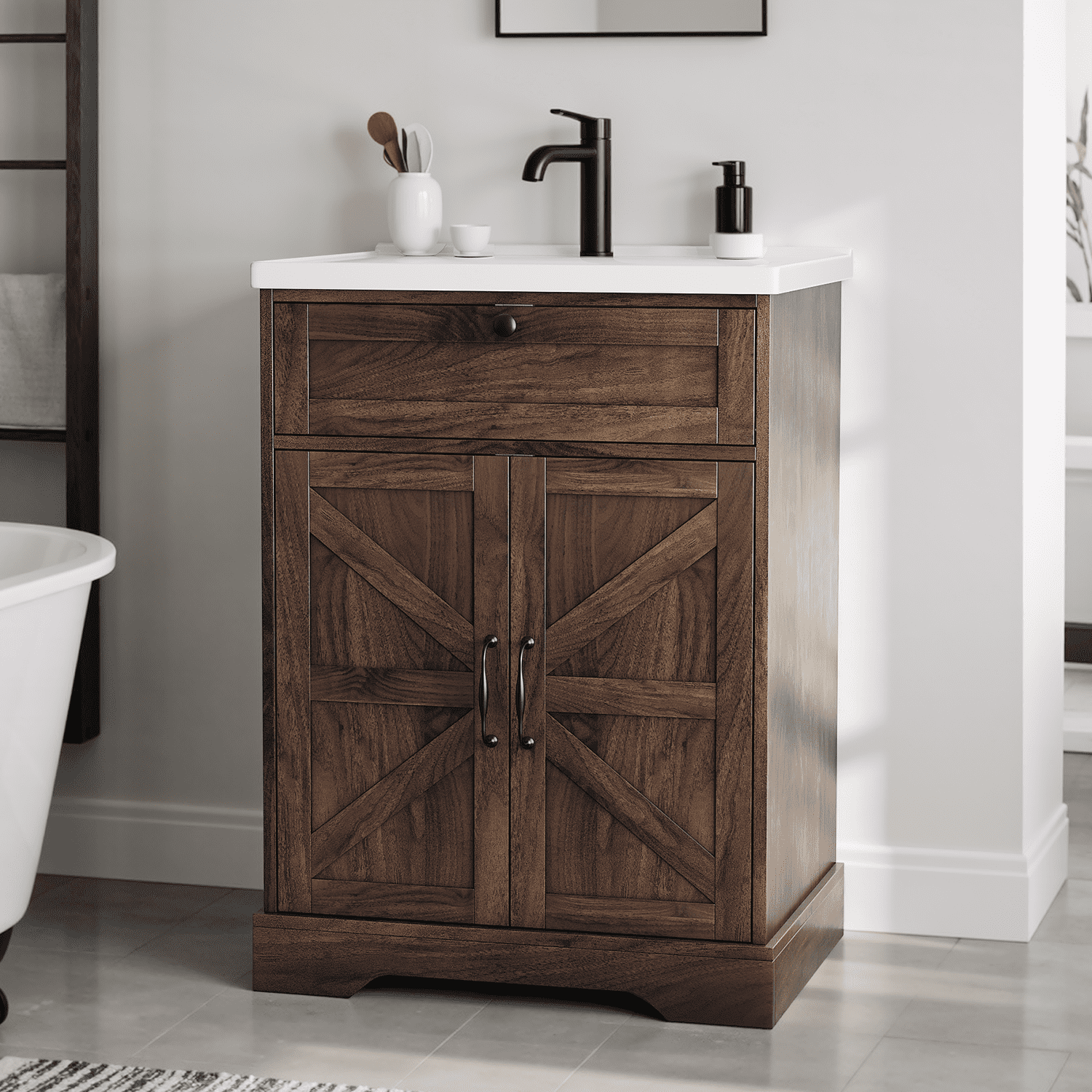 Smuxee 24" Bathroom Vanity with Integrated Sink Top, Bathroom Storage Cabinet with Flip Drawer & Doors, Walnut