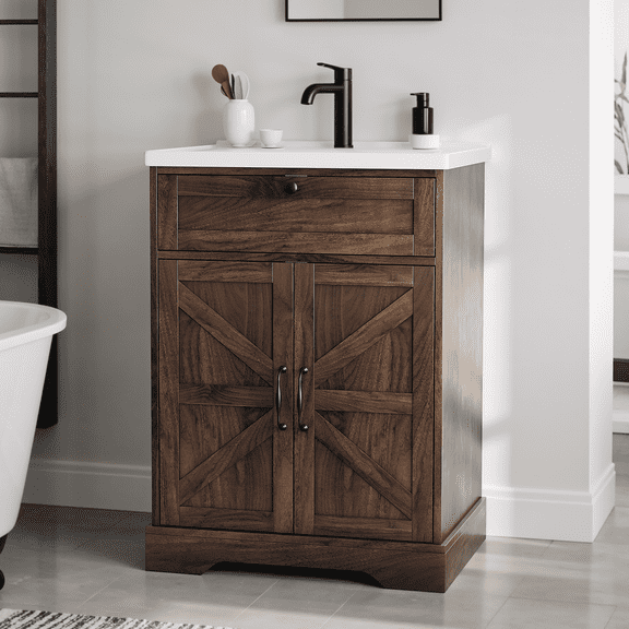 Smuxee 24" Bathroom Vanity with Integrated Sink Top, Bathroom Storage Cabinet with Flip Drawer & Doors, Walnut