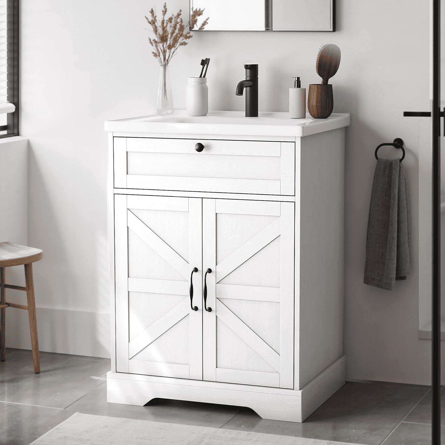 Smuxee 24" Bathroom Vanity with Integrated Sink Top, Bathroom Storage Cabinet with Flip Drawer & Doors, White