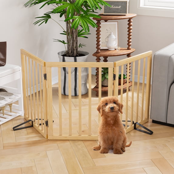 Smuxee Bamboo Freestanding Pet Gate Foldable Dog Gate with Support Feet, Natural, 3 Panel