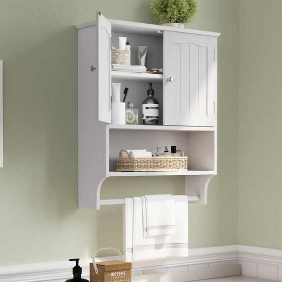 Smuxee Bathroom Storage Cabinets with Doors and Shelves,Towel Bar,over The Toilet Storage,White Big