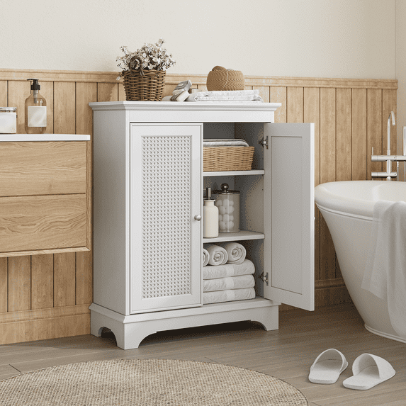 Smuxee Rattan Freestanding Bathroom Cabinet with Adjustable Shelves