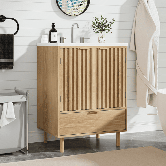 Smuxee Bathroom Vanity with Sink, Freestanding Wood Bathroom Storage Cabinet with Drawer & Doors, Oak