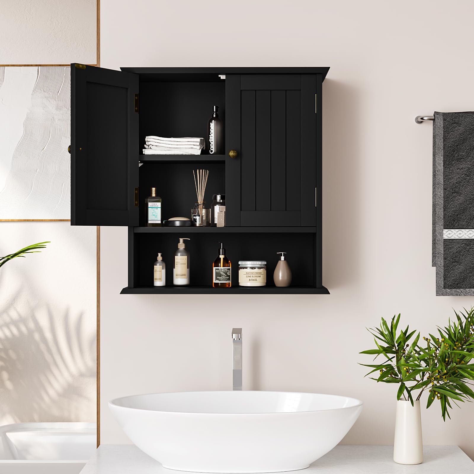 Smuxee Bathroom Wall Storage Cabinets with Door and Open Shelves,over the Toilet Storage,Black Small