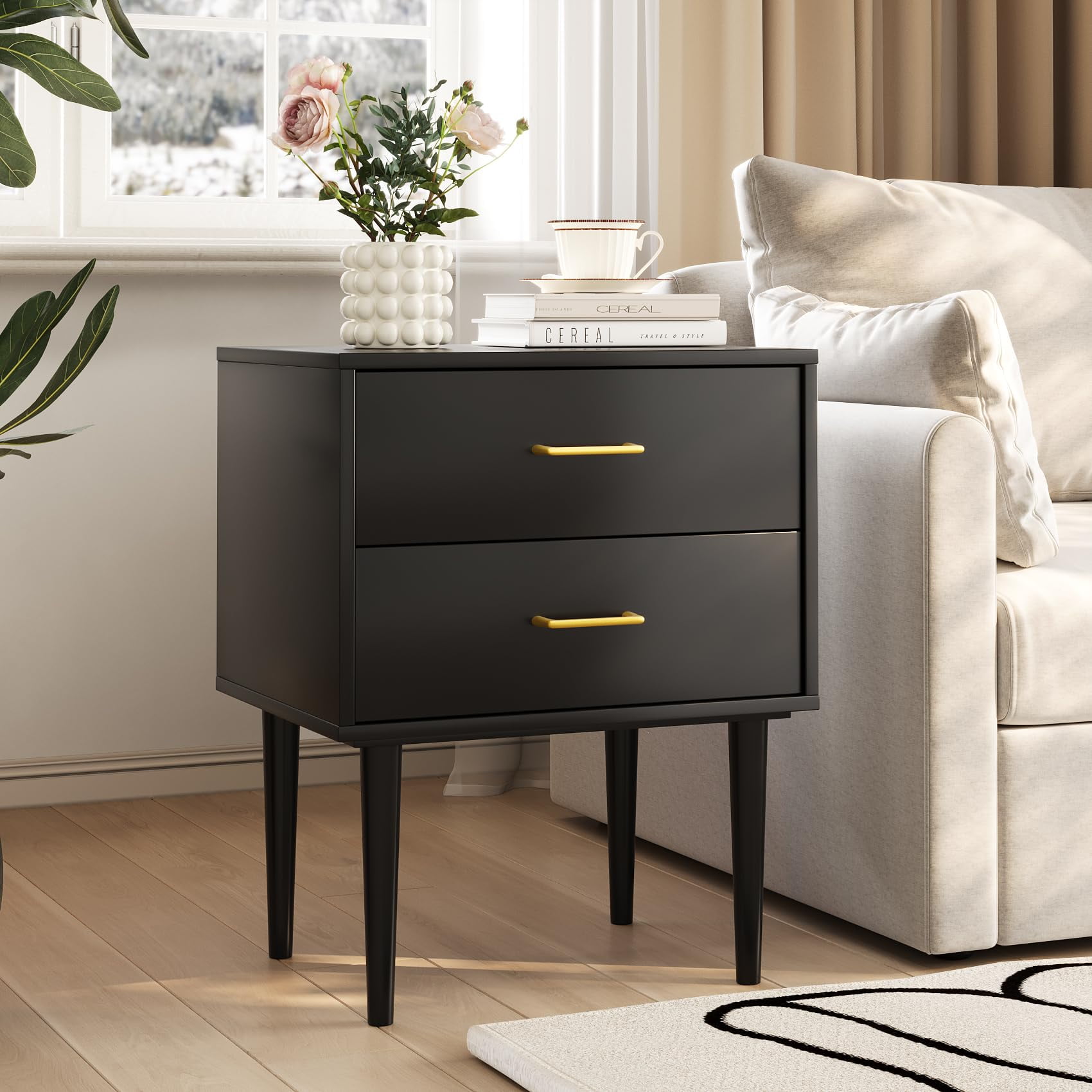Smuxee Black Nightstand, Modern Bedside Table with 2 Drawers, Small ...