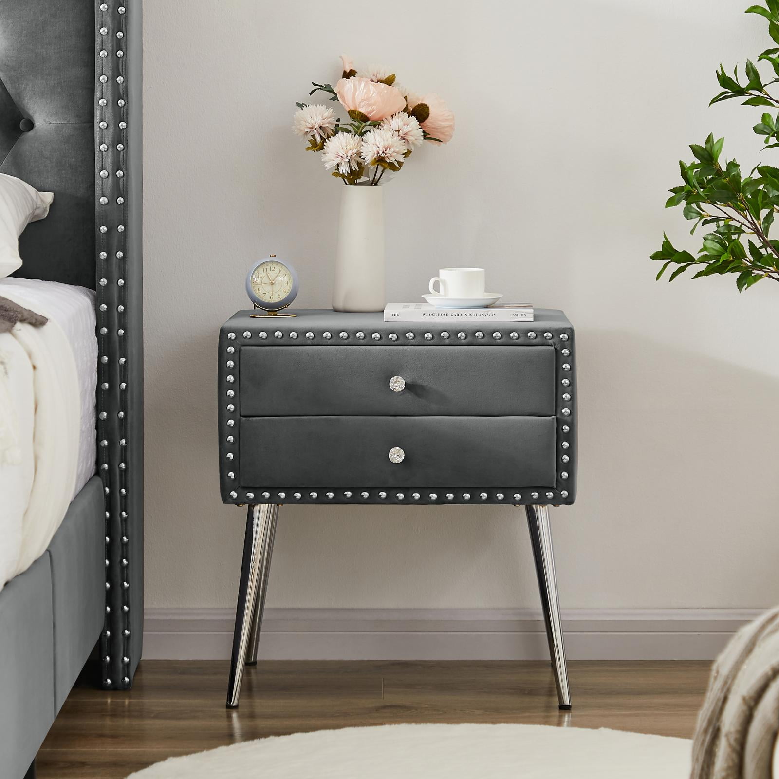 Smuxee Elegant Velvet Nightstand with 2 Drawers and Metal Legs,Modern