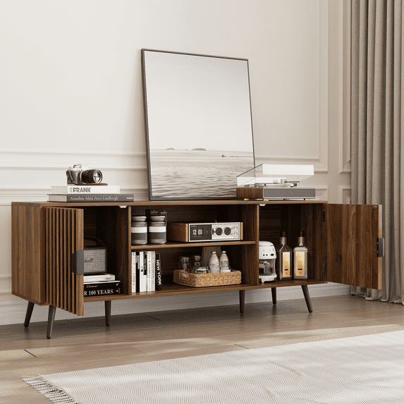 Smuxee Entertainment Center for TVs,Fluted TV Stands for 55 Inch TV,Walnut