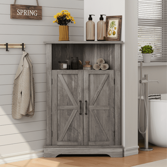Smuxee Farmhouse Corner Bathroom Storage Cabinet, Freestanding Triangle Linen Organizer Cabinet with Barn Doors & Adjustable Shelves for Laundry Room,Gray