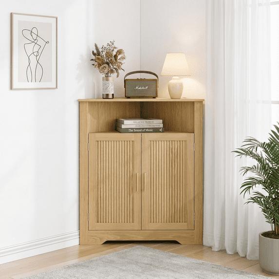 Smuxee Farmhouse Corner Bathroom Storage Cabinet, Freestanding Triangle Linen Organizer Cabinet with Barn Doors & Adjustable Shelves for Laundry Room,Oak