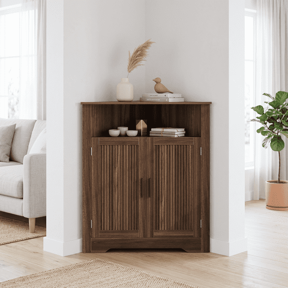 Smuxee Farmhouse Corner Bathroom Storage Cabinet, Freestanding Triangle Linen Organizer Cabinet with Barn Doors & Adjustable Shelves for Laundry Room,Walnut
