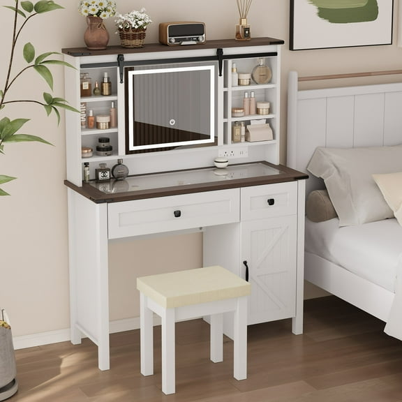 Smuxee Farmhouse Makeup Vanity Set with Sliding Mirror and Lights,Vanity Desk with Charging Station